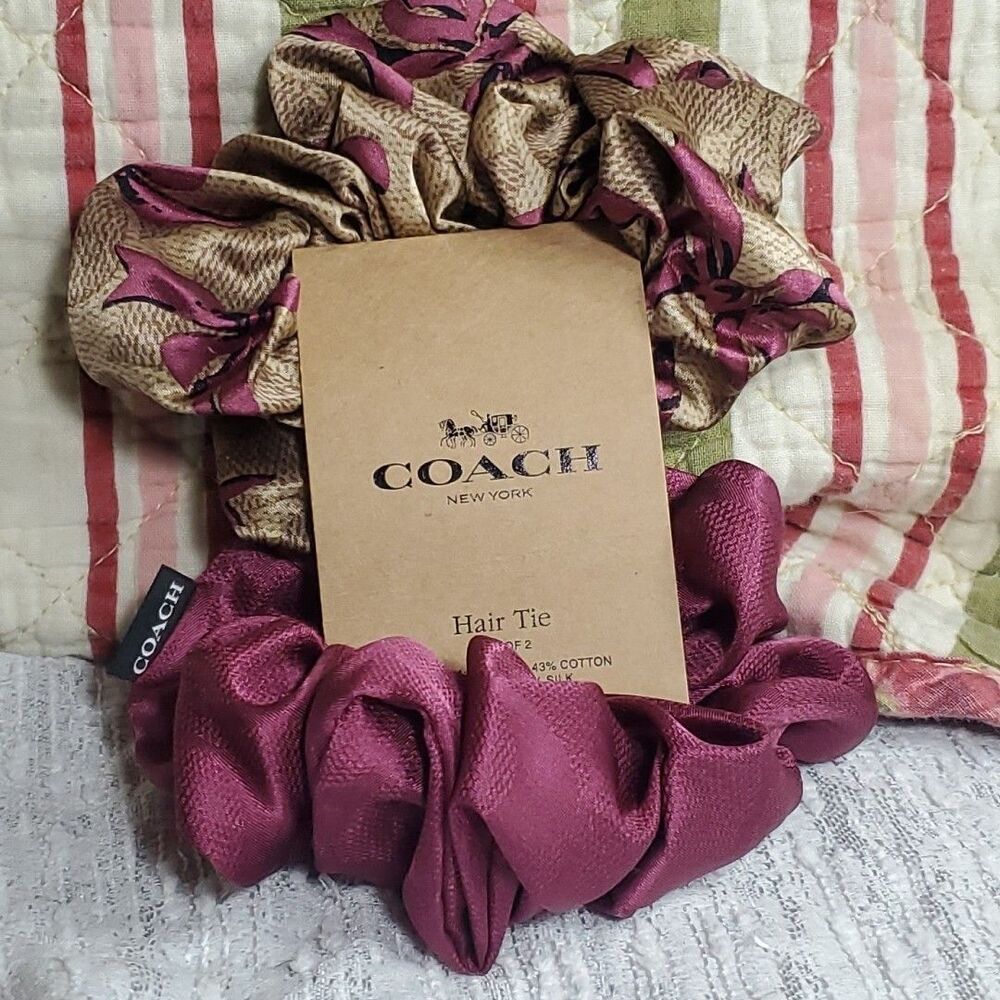 Coach‎ Signature Bow Print Hair Ties Set 2-Pack Tan Pink Silk Blend CAA31 NWT
